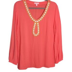 Lilly Pulitzer Tunic Women Lg Coral Beaded Tropical Beach Cruise Preppy Classic
